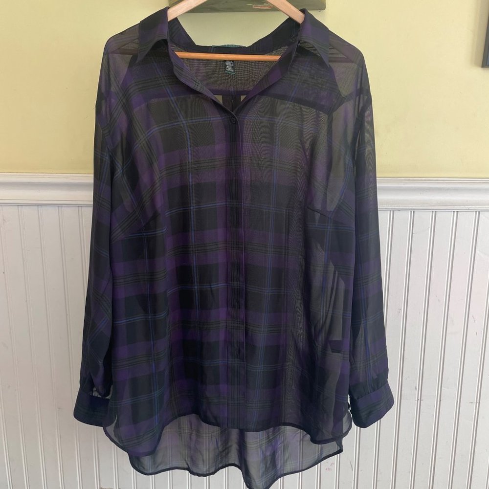 Lauren Ralph Lauren Purple and Black plaid sheer button up 2X